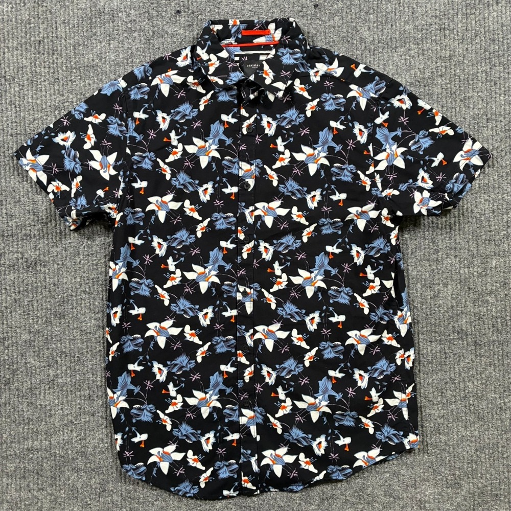 Denim & Flower Mens‎ Button Up Shirt Size S Black Floral Print Short Sleeve